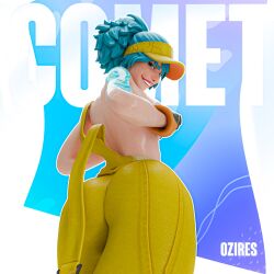 1girls 3d 3d_(artwork) ass blender blue_hair breast_hold breasts close-up clothed clothing comet_(fortnite) covering_breasts epic_games female female_focus female_only fortnite fortnite:_battle_royale gloves golf_cap hands_on_breasts handwear headwear hi_res highres light-skinned_female light_skin looking_at_viewer looking_down necklace overalls overalls_down oziresnsfw ponytail presenting presenting_ass presenting_breasts showing_off smile smiling solo solo_focus viewed_from_below watermark wet_body wet_skin