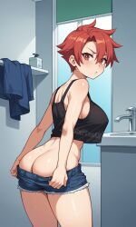 1girls accident accidental_circumstance accidental_exposure ai_generated ass ass_focus bathroom big_breasts black_tank_top blush breasts denim denim_shorts female female_focus female_only jorgecarlosai looking_at_viewer looking_back messy_hair pants_down peeping pulling_pants pulling_pants_down red_eyes red_hair short_hair tank_top tanktop toned toned_female undressed undressing undressing_self