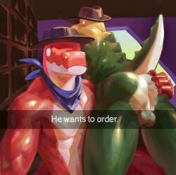 2024 2boys 2males abs anthro anthro_focus anthro_on_anthro anthro_only ass ass_grab athletic athletic_anthro athletic_male balls blush buttplug chad_(the_amazing_digital_circus) crocodile crocodilian crocodylid digital_drawing_(artwork) digital_media_(artwork) dragosderg duo duo_focus english english_text grabbing_ass gummigoo_(the_amazing_digital_circus) gummy_(food) gummy_creature hand_on_ass hand_on_butt handkerchief hat he_wants_to_order headgear headwear living_candy living_food male male/male male_anthro male_focus male_only meme meme_reference pecs pectorals reptile reptile_humanoid spikes spikes_(anatomy) spikes_on_back testicles text the_amazing_digital_circus