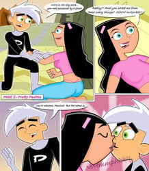 1boy 1girls breasts brown_skin comic danny_fenton danny_phantom dark-skinned_female dark_skin darkdp female ghost glowing green_eyes interracial kissing male nickelodeon paulina_sanchez pink_thong thong white_hair