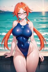 1girls ai_generated asian_female ass bangs_over_eyes beach bedroom big_breasts blue_swimsuit breasts choker eyelashes eyeshadow full_body_suit glasses goddess gold_eyes gold_jewelry hakaishinkalasharts hourglass_figure jewelry kalash light-skinned_female long_hair low_twintails messy naughty naughty_face naughty_smile night orange_hair pale-skinned_female red_hair seductive seductive_look straight_hair sunlight swimsuit thick_ass thick_legs thick_lips thick_thighs thighs twintails yellow_eyes