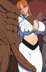 1boy 1girls bleach bleach:_the_thousand-year_blood_war breast_grab breasts cleavage dark-skinned_male duo female huge_breasts huge_cock human inoue_orihime male muscular muscular_male r3dstar standing