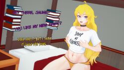 1boy 1girls 3d abs bed blonde_female blonde_hair faceless_male indrick_[artist] jaune_arc offscreen_male panties purple_eyes rwby shirt yang_xiao_long