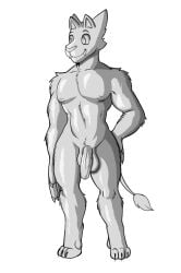 anthro digitigrade flaccid fours_(artist) genitals greyscale hand_on_hip hi_res looking_aside male monochrome muscular muscular_male penis rex_(fours) solo warg_(fours)