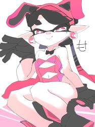 :) black_hair bowtie bunny_ears bunnysuit callie_(splatoon) cephalopod_eyes detached_collar dyed_hair ear_piercing from_below inkling long_hair looking_at_viewer mocamocaink navel on_floor pink_bunnysuit pink_hair pink_leotard seductive_look shoes simple_background sitting smile splatoon squid_sisters twintails