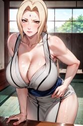 ai_generated athletic_female bare_legs big_breasts blonde_hair brown_eyes hair_ribbon huge_breasts japanese_clothes kunoichi large_breasts light-skinned_female light_skin looking_at_viewer mature_female milf mommy naruto naruto_shippuden shounen_jump squatting sweat sweatdrop tanumanai thick_thighs thighs tsunade voluptuous voluptuous_female