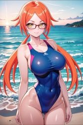 1girls ai_generated asian_female ass bangs_over_eyes beach bedroom big_breasts blue_swimsuit breasts choker eyelashes eyeshadow full_body_suit glasses goddess gold_eyes gold_jewelry hakaishinkalasharts hourglass_figure jewelry kalash light-skinned_female long_hair low_twintails messy naughty naughty_face naughty_smile night orange_hair pale-skinned_female red_hair seductive seductive_look straight_hair sunlight swimsuit thick_ass thick_legs thick_lips thick_thighs thighs twintails yellow_eyes