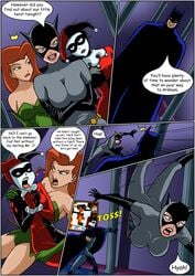 1boy 3girls batman batman:_the_animated_series batman_(series) catwoman catwoman_(dcau) comic dc_comics dcau dialogue drawnthatwayxx english_text female harley_quinn harley_quinn_(classic) justicehentai.com male multiple_girls poison_ivy poison_ivy_(dcau) speech_bubble superhero supervillainess