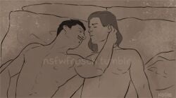 2boys abs animated animated animation artist_name artist_signature artist_website bara beard_stubble beauty_mark biceps black_and_white black_hair closed_eyes colorless cuddling dark_hair dorian_pavus dragon_age dragon_age_inquisition duo facial_hair gay gay_male human inquisitor_(dragon_age) kissing kissing long_hair mage male male/male male_only mole monochrome moustache moustache muscles muscular muscular_male nsfwfrosch pecs pillow shirtless stubble video_games yaoi