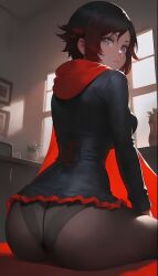 1girls ai_generated ass ass_focus back back_view black_dress black_pantyhose butt_focus female female_only human looking_at_viewer looking_back panties pantyhose red_cape red_cloak ruby_rose rwby short_hair silver_eyes solo