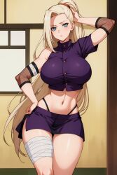 1girls ai_generated big_breasts blonde_hair breasts female ino_yamanaka long_hair looking_at_viewer naruto short_skirt solo the_way_(artist) thighs thong