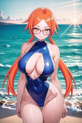 1girls ai_generated asian_female ass bangs_over_eyes beach bedroom big_breasts blue_swimsuit breasts choker eyelashes eyeshadow full_body_suit glasses goddess gold_eyes gold_jewelry hakaishinkalasharts hourglass_figure jewelry kalash light-skinned_female long_hair low_twintails messy naughty naughty_face naughty_smile night orange_hair pale-skinned_female red_hair seductive seductive_look straight_hair sunlight swimsuit thick_ass thick_legs thick_lips thick_thighs thighs twintails yellow_eyes