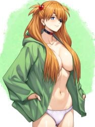 1girls alternate_costume artist_request asuka_langley_sohryu bare_legs big_breasts blue_eyes breasts busty eyepatch green_jacket hair_ornament hands_in_pockets highres jacket large_breasts long_hair looking_at_viewer navel neon_genesis_evangelion no_bra official_alternate_costume open_clothes open_jacket panties panties_only rebuild_of_evangelion seductive seductive_smile sensual shiny_skin simple_background smile solo standing toned toned_female underwear very_long_hair voluptuous white_panties wide_hips