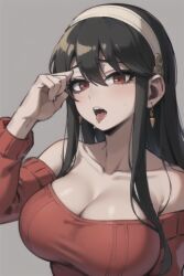 1girls ai_generated bangs black_hair cleavage clothing collarbone earrings female handband handwear large_breasts looking_at_viewer officialurface saliva spy_x_family tongue_out yor_briar yor_forger