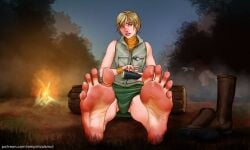 blonde_hair blonde_hair_female boots campfire cheryl_mason dbd dead_by_daylight empiricalsmut feet flashlight foot_fetish foot_focus green_skirt heather_mason holding_object log looking_to_the_side night orange_shirt outside pyramid_head silent_hill_2 silent_hill_3 vest