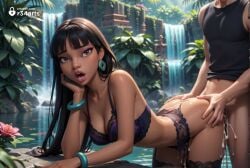 1boy 1boy1girl 1girls ai_generated artist_name ass ass_grab bent_over black_hair blunt_bangs bottomless bra bracelet breasts brown_eyes chel chel_(the_road_to_el_dorado) cleavage clothed_sex cum cum_in_pussy cum_on_ass cum_overflow dark-skinned_female dark_skin day doggy_style dreamworks earrings flower garter_belt hi_res jewelry lingerie long_hair looking_at_viewer medium_breasts mole open_mouth outdoors purple_bra r34arts sex sex_from_behind shirt solo_focus straight the_road_to_el_dorado thighhighs underwear water waterfall