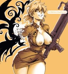 1girls alternate_version_available amputated_arm amputee belt blonde_hair breasts evil_smile fangs feet_out_of_frame female female_only gun hellsing hellsing_ultimate holding holding_weapon large_breasts looking_at_viewer missfaves patreon_username seras_victoria skirt smile solo solo_female spiked_hair teeth transformation weapon yellow_background yellow_eyes yellow_theme