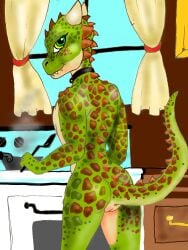 ass back_view cooking fanart guodzilla kitchen kobold nude profile pussy_peek scalie scalie_female scalie_humanoid