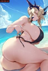 1girls ai_generated ai_hands artoria_pendragon_(lancer_alter) ass_focus beach bikini csr_fan_621 fate/grand_order fate_(series) female_only large_ass large_breasts looking_at_viewer looking_back self_upload solo_female sweat wet