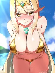 2d blonde_hair breasts core_crystal female female_only kanuitichrom light-skinned_female light_skin looking_at_viewer mythra nintendo pale-skinned_female pale_skin solo swimsuit tagme xenoblade_(series) xenoblade_chronicles_2