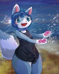 4_fingers absurd_res anthro balls beach blue_body blue_eyes blue_fur blush bulge canid canine clothed clothing collar detailed_background detailed_bulge fangs fingers fox fur genital_outline genitals hair hi_res hibikine_kage kemono male mammal one-piece_swimsuit open_mouth outside pawpads penis penis_outline sand school_swimsuit seaside smile solo splashing_water swimsuit_bulge swimwear teeth water white_body white_fur