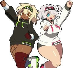 2girls :d :o alternate_costume elphelt_valentine fishnet_legwear guilty_gear hoodie kekeken_(9vsqgrq7v2wnvby) large_breasts ramlethal_valentine thick_thighs wink