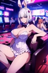 ai_generated armpits big_ass big_breasts blush bunny bunny_costume bunny_ears bunny_girl bunnygirl bunnysuit cute cute_face eyelashes jujutsu_kaisen multicolored_hair pink_eyes pov pov_eye_contact shounen_jump slim_waist thick_thighs uraume white_hair