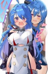 2girls ahoge azur_lane bare_shoulders blue_hair blush breasts cleavage clothing_cutout cowboy_shot dress elbow_gloves female_pervert fully_clothed gloves grabbing grabbing_another's_breast grabbing_from_behind hair_between_eyes hair_ornament helena_(azur_lane) highres japanese_text large_breasts lesbian long_hair medium_breasts multiple_girls naughty_smile open_mouth purple_eyes screaming side_cutout smile speech_bubble st._louis_(azur_lane) surprised text thick_thighs tonchinkan very_long_hair wide_hips yuri