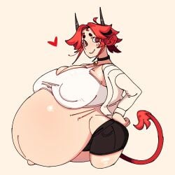 1girl 1girls bell bell_collar belly belly_button breasts breasts_bigger_than_head clothed clothing covered_nipples covering_breasts cow_ears cow_horns cow_tail exposed_belly female female_only gigantic_breasts heart horns large_belly large_breasts light-skinned_female light_skin maroomyoomy ms._claire original_character partially_clothed pregnant pregnant_belly pregnant_female red_eyes red_hair short_hair shorts smile smiling solo solo_female solo_focus tail