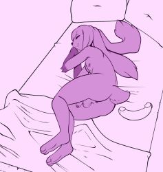 anthro anus ass balls bed black_sclera dildo double_dildo fours_(artist) furniture genitals hi_res lagomorph leporid looking_at_viewer lying lying_on_bed male mammal monochrome noire_sungsun on_bed penis rabbit sex_toy solo