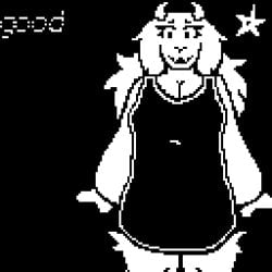 animated anthro blush bovid breasts caprine cleavage clothed clothing dialogue digital_media_(artwork) duo female genitals goat heresysheep human male mammal penis pixel_(artwork) surprise text throbbing toriel undertale_(series)