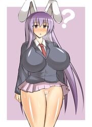 :o ? breasts breath bunny_ear female huge_breasts long_hair miniskirt musuka_(muska) no_panties open_mouth purple_hair pussy pussy_peek red_eyes reisen_udongein_inaba shirt simple_background skirt skirt_flip solo standing sweat thighs tie touhou uncensored very_long_hair