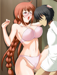 auburn_hair black_hair blood blush bra breasts censored clothing cum cum_inside glasses hair large_breasts long_hair matsu_(sekirei) medium_breasts panties sahashi_minato sekirei short_hair sweat tomite underwear virgin virginal_blood