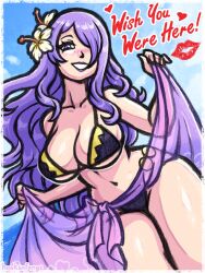 alternate_costume breasts camilla_(fire_emblem) camilla_(summer)_(fire_emblem) female female_only fire_emblem fire_emblem_fates fire_emblem_heroes hair_over_one_eye hooksnfangs looking_at_viewer nintendo official_alternate_costume purple_bikini purple_swimsuit solo