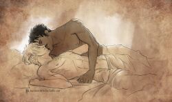 2boys abs artist_name artist_signature artist_website bara bed biceps black_and_white black_hair blanket closed_eyes colorless cuddling dark-skinned_male dark_hair dark_skin dorian_pavus dragon_age dragon_age_inquisition duo elf elf_ears elf_male face_tattoo facial_hair fael_lavellan gay gay_male human in_bed inquisitor_(dragon_age) kissing kurogoesinthedas light-skinned_male light_skin mage male male/male male_only messy_hair monochrome moustache muscles muscular muscular_male naked naked_male nipples nude nude_male pecs pillow pointy_ears romantic tattoo tattoos video_games white_hair yaoi