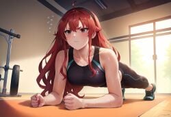 anxiousdangero eris_greyrat mushoku_tensei no_sex planking pointy_chin red_eyes red_hair sports_bra sports_uniform sportswear sweat sweatdrop