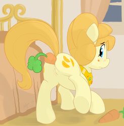 2012 ajin anal anal_insertion anus ass aunt_orange_(mlp) bed blonde_hair blue_eyes blush carrot cutie_mark equine female food friendship_is_magic hair horse improvised_dildo insertion looking_at_viewer looking_back my_little_pony penetration pony pussy solo