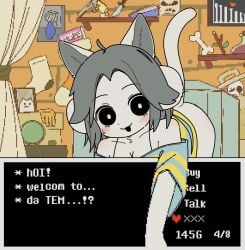 1girls annoying_dog_(undertale) anthro ass_up black_bra blush bone book bottomless box bra breasts canid canine cat_ears cat_tail cleavage clothed clothing curtains detailed_background dialogue dog_ears doremifaso64 ear_tuft english_text felid feline female front_view fur gaster gloves grey_hair gun heart heart_symbol hi_res knife lamp looking_at_viewer magnifying_glass neck_tuft no_panties painting picture_frame poster potion raised_tail revolver room shelf shoes socks stick striped_clothing tail temmie_(undertale) text text_box toby_fox topwear trash_can tuft undertale white_fur