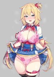 absurdres akai_haato akai_haato_(1st_costume) aqua_eyes black_thighhighs blonde_hair blue_skirt blush bra breasts cameltoe cleavage clothes_lift condom condom_wrapper female floral_print flower_panties gozaru hair_ribbon highres hololive large_breasts lingerie long_hair looking_at_viewer open_clothes open_shirt panties pink_bra pink_panties pussy_juice red_nails red_ribbon ribbon sex_toy skirt skirt_lift smile solo standing string_panties sweat thigh_strap thighhighs thighs underwear used_condom vibrator vibrator_in_thigh_strap vibrator_under_clothes vibrator_under_panties virtual_youtuber