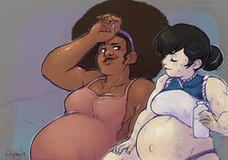 2girls afro after_workout chubby clothed dark-skinned_female dark_skin multiple_pregnancies pregnant sapphicbump sweat tagme thick