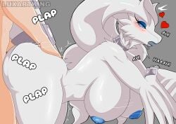 anthro anthro_penetrated areola bent_over big_breasts biped blue_areola blue_nipples blush breasts eyelashes female female_penetrated from_behind_position generation_5_pokemon hanging_breasts heart_symbol hi_res human human_on_anthro human_penetrating human_penetrating_anthro interspecies legendary_pokemon luxartking male male/female male_penetrating male_penetrating_female mammal nintendo nipples nude open_mouth penetration pokemon pokemon_(species) pokephilia pupils reshiram sex thick_thighs