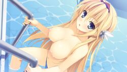 :d bare_shoulders bikini blonde_hair blush breasts cleavage collarbone elcia_harvence erect_nipples female game_cg getting_out_of_pool hair_intakes hair_ornament hairband koikishi_purely_kiss large_breasts long_hair navel nipples open_mouth panties partially_submerged pool pool_ladder smile solo swimsuit topless underwear water wet wet_hair yuuki_hagure