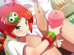 andou_ringo artificial_vagina bottomless brown_hair brush caressing_testicles censored cg clothed_female_nude_male dark_skin erokosei green_eyes handjob highres human konpeto male mosaic_censoring navel open_mouth penis penis_grab puyo_puyo puyo_puyo_7 sega short_hair testicle_grab testicles wet