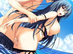 1boy 1girls akatsuki_no_goei asagiri_kaito bikini blood blue_hair breasts censored doggy_style female game_cg kanzaki_moe large_breasts long_hair male open_mouth penis pussy red_eyes sex straight swimsuit tomose_shunsaku virgin