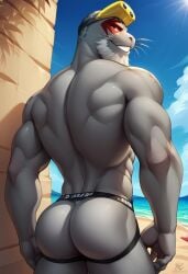 1boy ai_generated anthro anthro_male ass back bara biceps blush furry gay goggles jockstrap jockstrap_only looking_at_viewer looking_back male male_only muscular muscular_male my_hero_academia selkie_(my_hero_academia) smile spotted_seal toned_body toned_male twall97