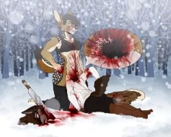 5:4 abs annike_(pancake) anthro ass athletic black-backed_jackal blood blood_on_arm blood_on_chest blood_on_clothing blood_on_face blood_on_ground blood_on_hand blood_on_weapon blood_pool blood_splatter bodily_fluids bottomwear bra breasts brown_body brown_fur canid canine canis close-up clothed clothing color corpse death decapitation dominant dominant_gynomorph dominant_intersex duo english_text erection fangs forced forest fur futa_on_male futanari genitals gore grotesque_death guro gynomorph hand_on_hip headless intersex jackal knot knotting legwear licking licking_lips licking_own_lips machete male male_death mammal melee_weapon murderer mutilation neck_bulge necrophilia open_mouth outside outside_sex partially_clothed penetration penis plant rape ribr0t self_lick severed_body_part severed_head sex sex_shot smile snow snowing snuff sound_effects sports_bra tail teeth text tongue tongue_out topwear tree ulrich_muller uncensored underwear weapon winter_clothing wolf wounded