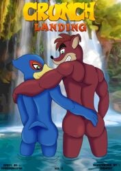 activision anthro anus ass avian bandicoot beak bird blue_body blue_feathers ciel-wolf crash_(series) crossover crunch_bandicoot duo falco_lombardi feathers green_eyes male male/male male_only mammal marsupial muscular nintendo red_body star_fox tail video_games water