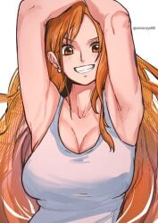 1girls aosora armpits arms_above_head big_breasts blush blushing breasts brown_eyes cleavage clothed cute female female_only long_hair looking_at_viewer nami nami_(one_piece) one_piece orange_hair simple_background smile tank_top