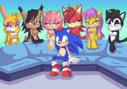 1boy 6girls amy_rose angelofhapiness bunnie_rabbot fiona_fox hershey_the_cat mina_mongoose nicole_the_lynx piper_perri_surrounded sonic_(series) sonic_the_hedgehog sonic_the_hedgehog_(series)