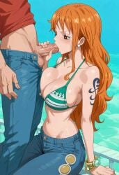 1boy 1girls ai_generated arm_support arm_tattoo bikini bikini_top_only blue_pants blush bracelet breasts brown_eyes cleavage denim earrings fellatio female green_bikini jeans jewelry large_breasts long_hair male monkey_d_luffy nami nami_(one_piece) navel one_piece oral orange_hair pants penis red_shirt saliva shoulder_tattoo solo_focus straight swimsuit tattoo testicles trewg001 uncensored